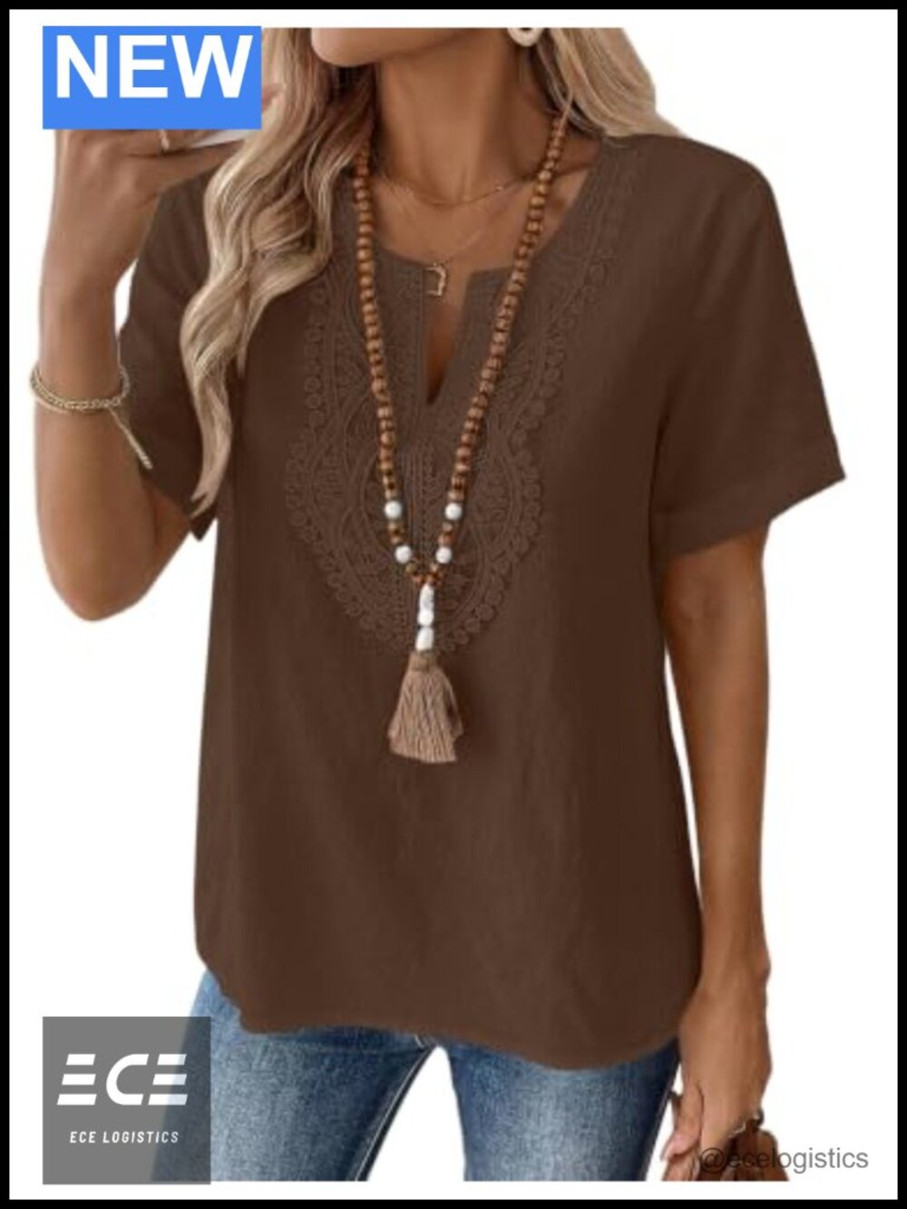 Cotton Linen V-Neck Short Sleeve Tunic Top Lace Detail Loose Fit